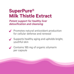 PURE SYNERGY SuperPure full-spectrum silymarin label indicates antioxidant-rich formula.