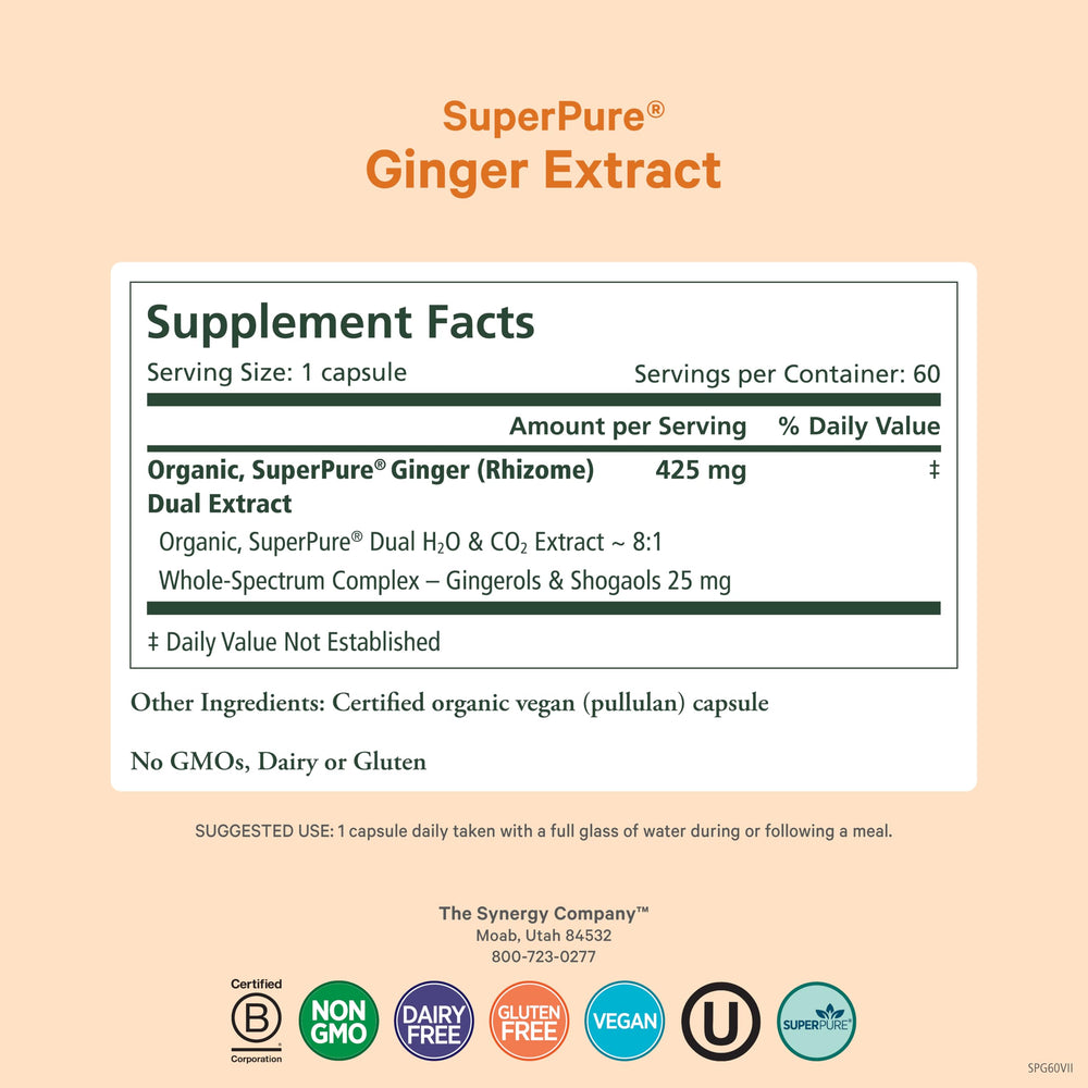 Pure Synergy SuperPure Ginger capsules ready to take with meals