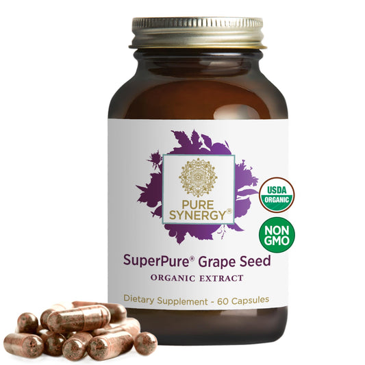 Pure Synergy SuperPure grape seed extract bottle with organic label, emphasizing antioxidant-rich whole-fruit polyphenols.