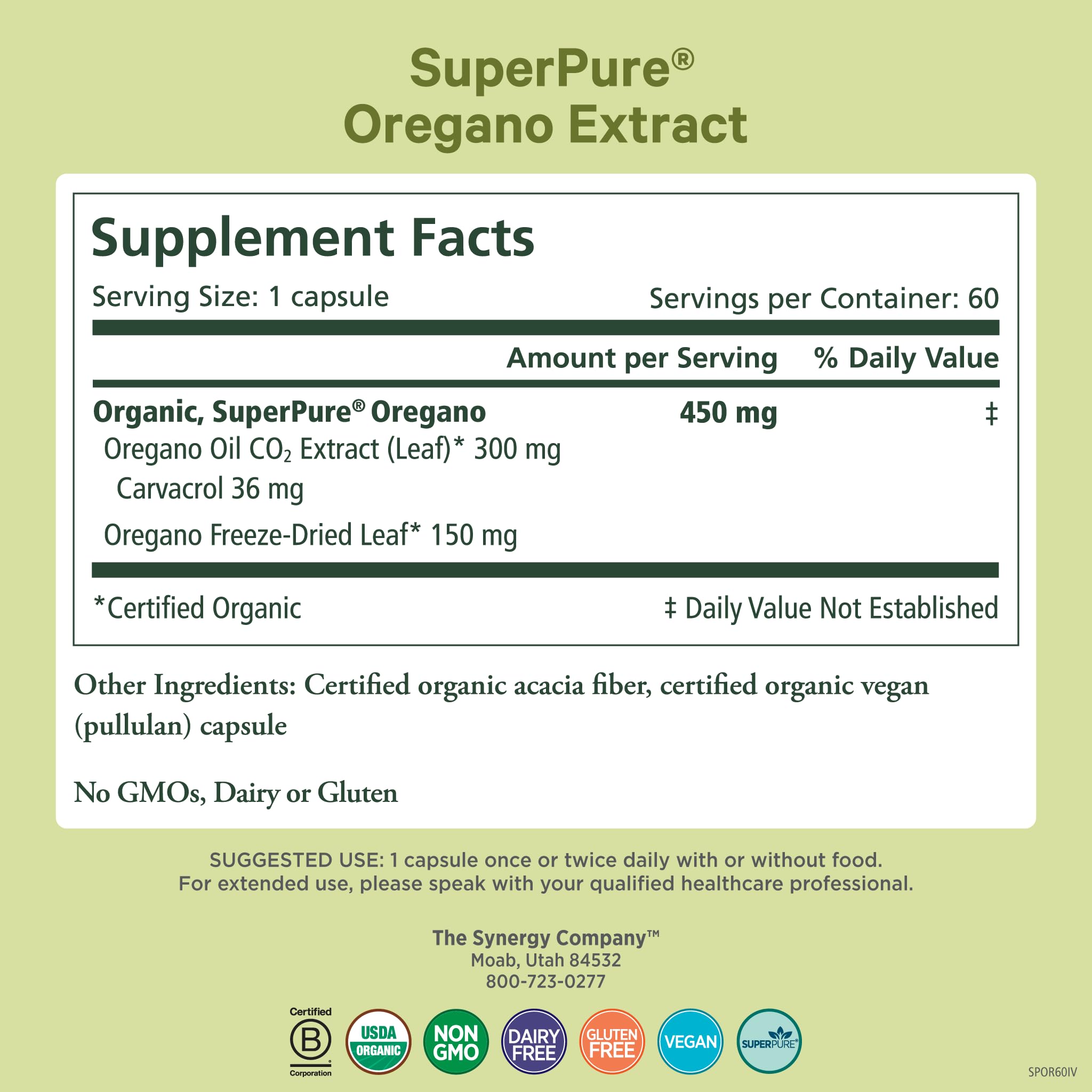 Pure Synergy oregano capsules close-up, convenient daily dose for digestive comfort.