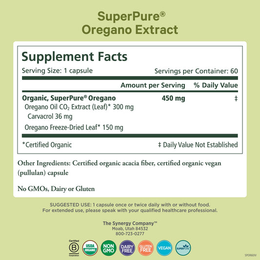 Pure Synergy oregano capsules close-up, convenient daily dose for digestive comfort.