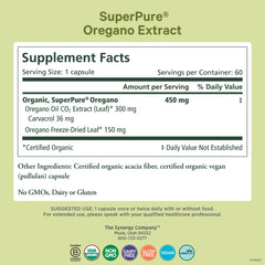 Pure Synergy oregano capsules close-up, convenient daily dose for digestive comfort.