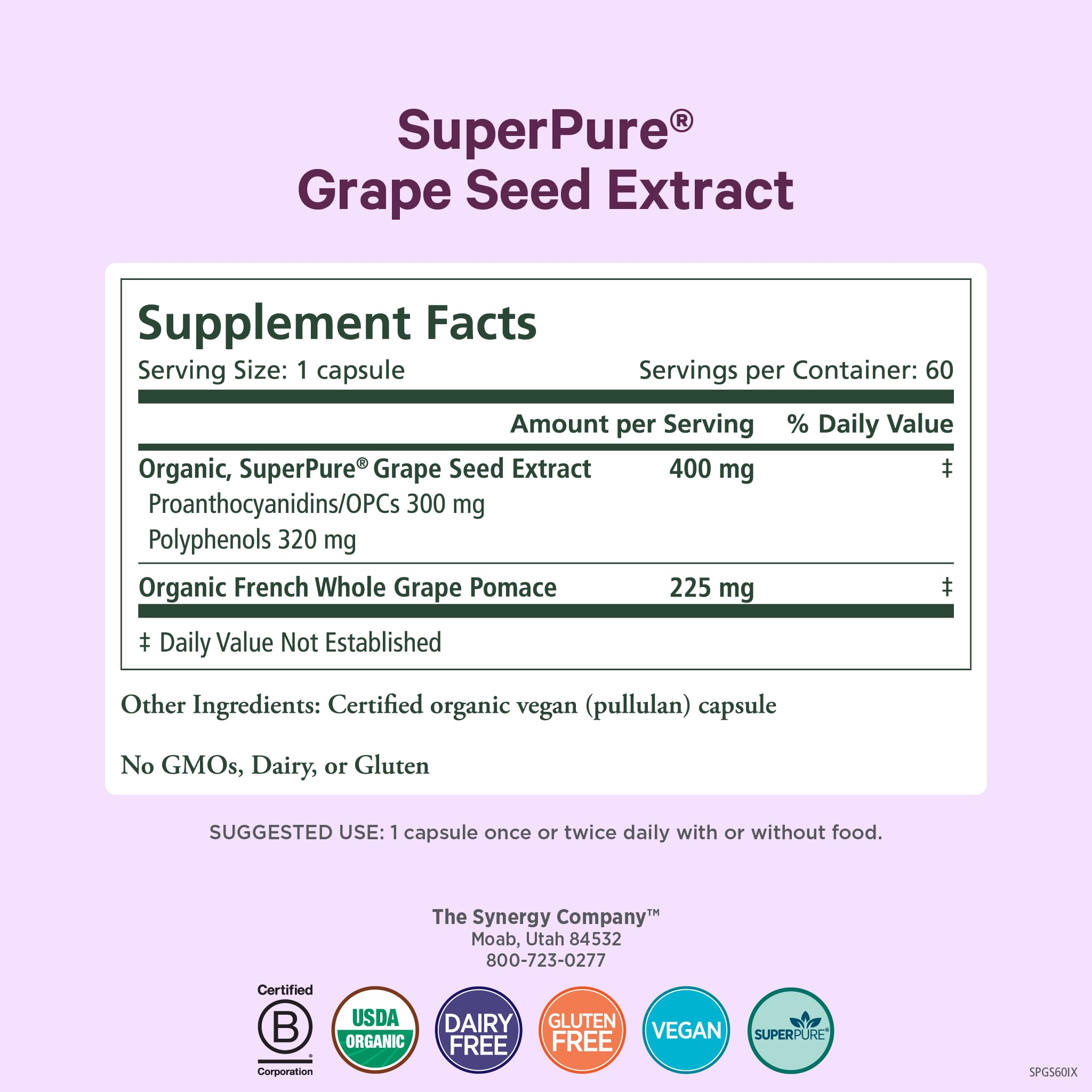 Pure Synergy SuperPure capsules arranged in bottle, highlighting standardized proanthocyanidins for heart and skin support.