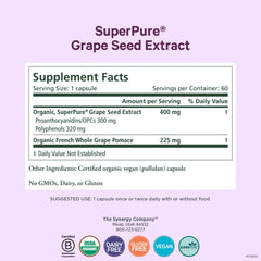 Pure Synergy SuperPure capsules arranged in bottle, highlighting standardized proanthocyanidins for heart and skin support.