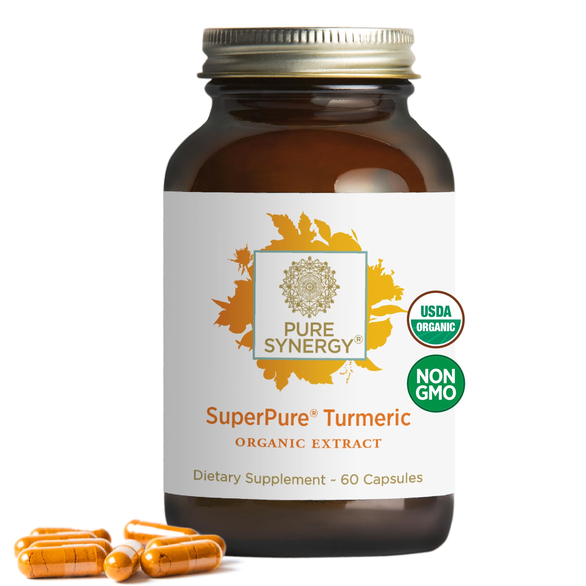 Pure Synergy SuperPure turmeric bottle shows 60 capsules for immune and joint support.