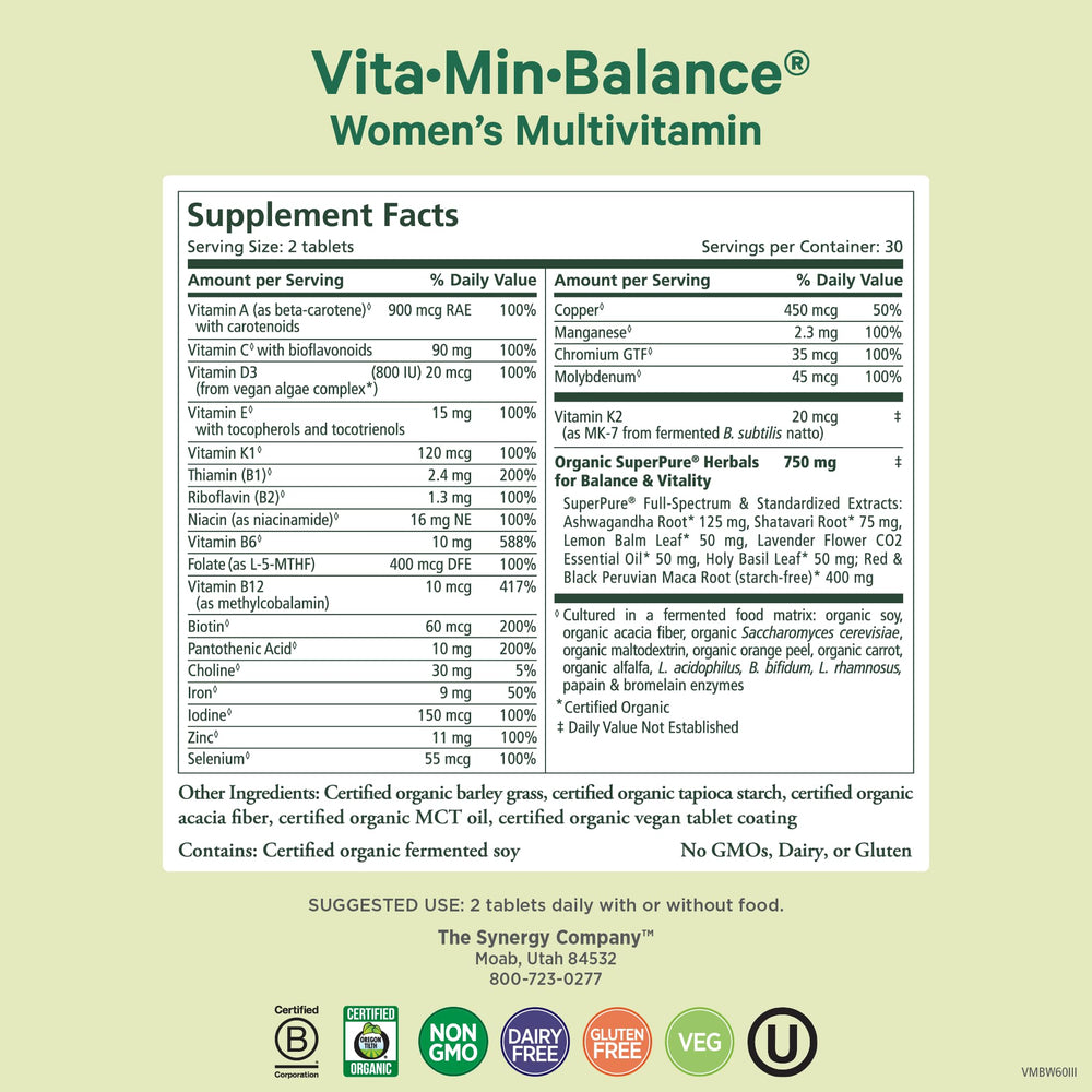 Close-up of Vita·Min·Balance tablets highlighting iron and B vitamins.
