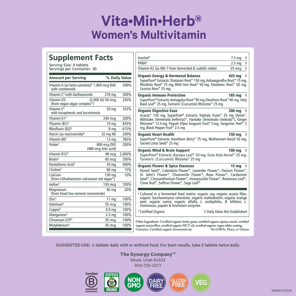 PURE SYNERGY Vita Min Herb for Women label close-up with organic ingredients