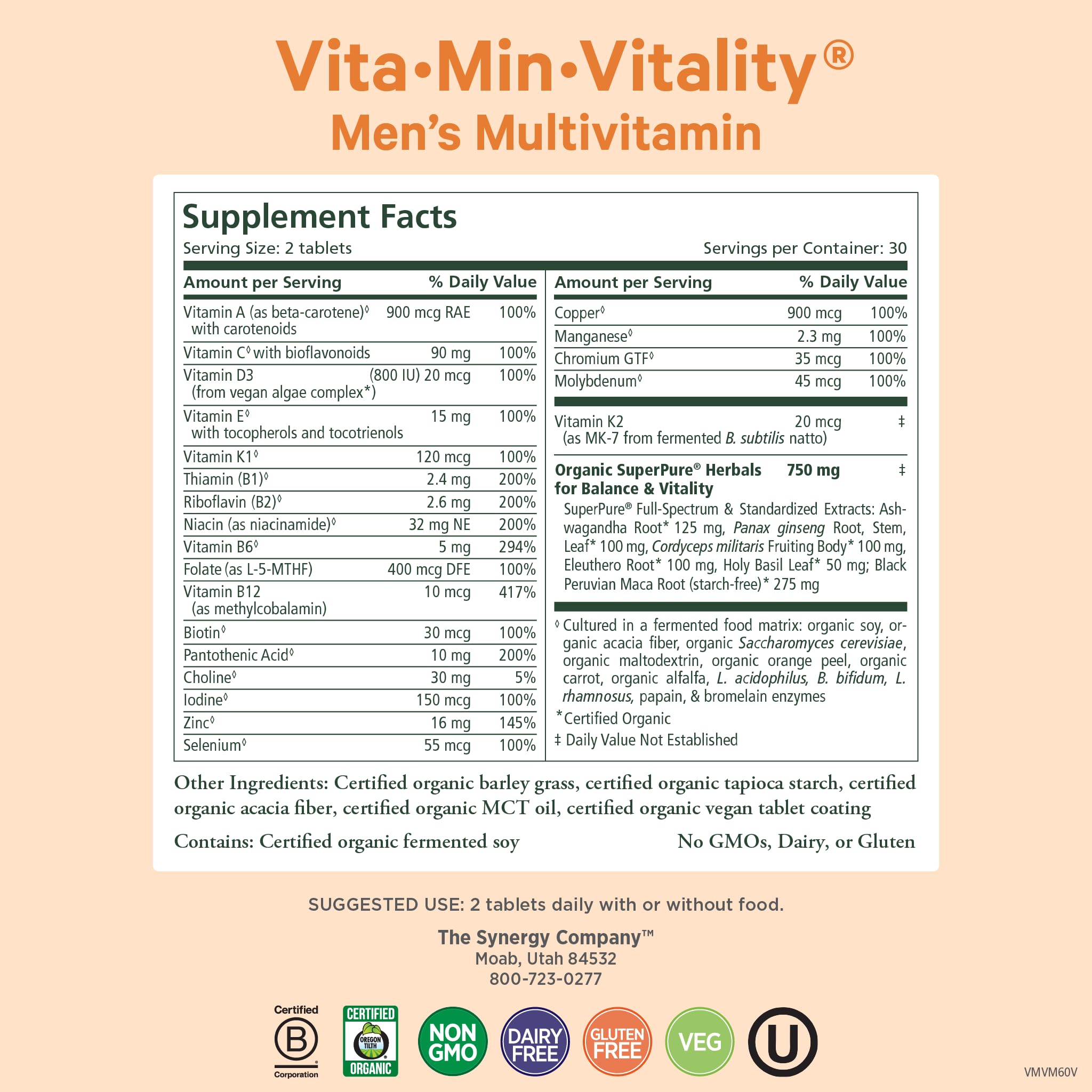 Pure Synergy Vita·Min·Vitality bottle label close-up showing organic ingredients.