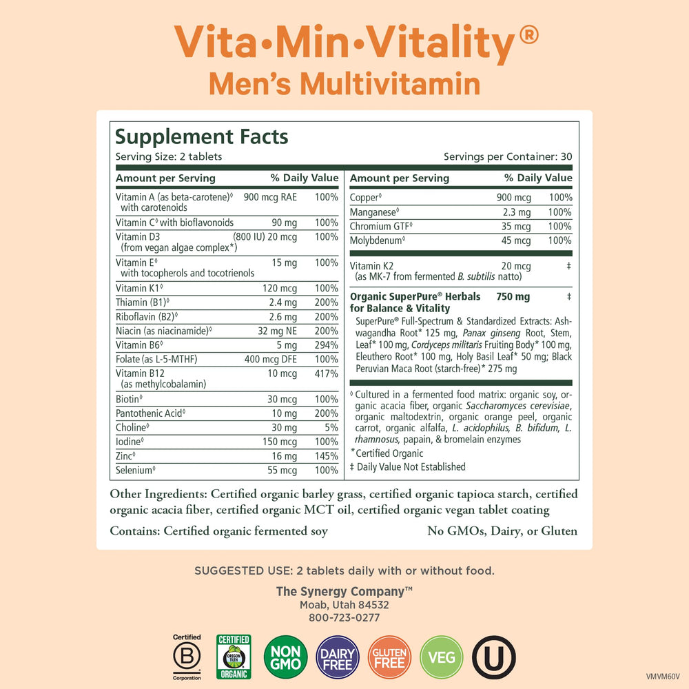 Pure Synergy Vita·Min·Vitality bottle label close-up showing organic ingredients.
