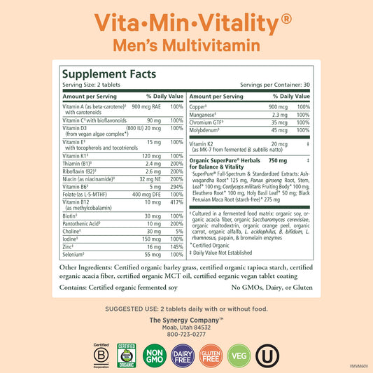Pure Synergy Vita·Min·Vitality bottle label close-up showing organic ingredients.