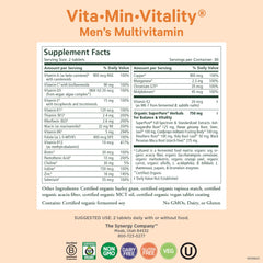Pure Synergy Vita·Min·Vitality bottle label close-up showing organic ingredients.