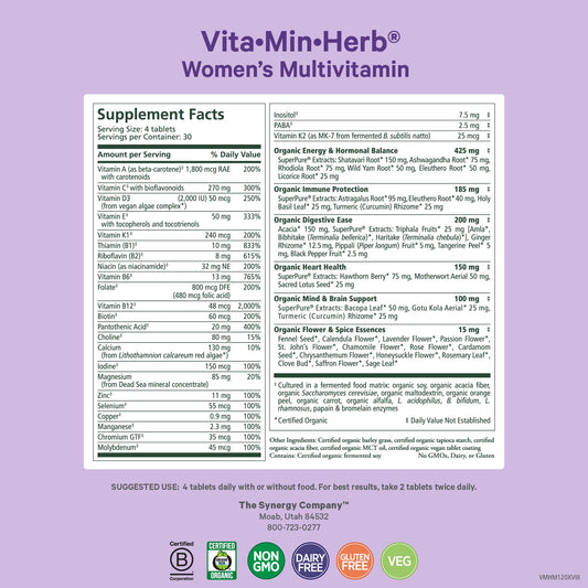 PURE SYNERGY Vita Min Herb for Women label close-up with organic ingredients