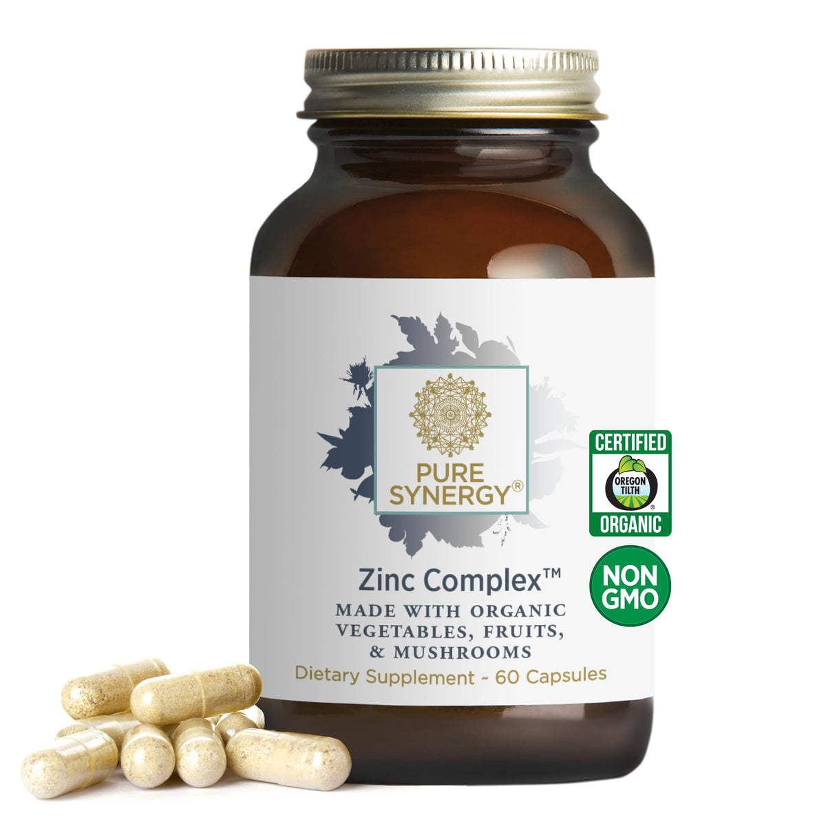 PURE SYNERGY Zinc Complex bottle cap highlights vegan zinc with vitamin C for daily immune support.