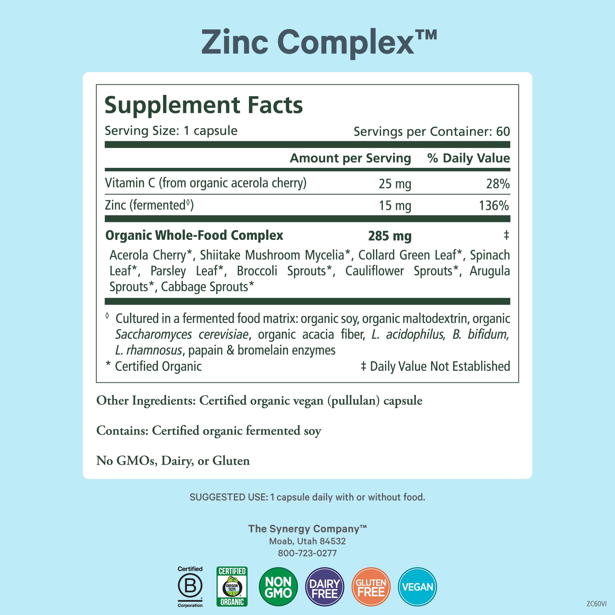 Closeup of PURE SYNERGY Zinc Complex capsules illustrating gentle digestion and plant cofactors.