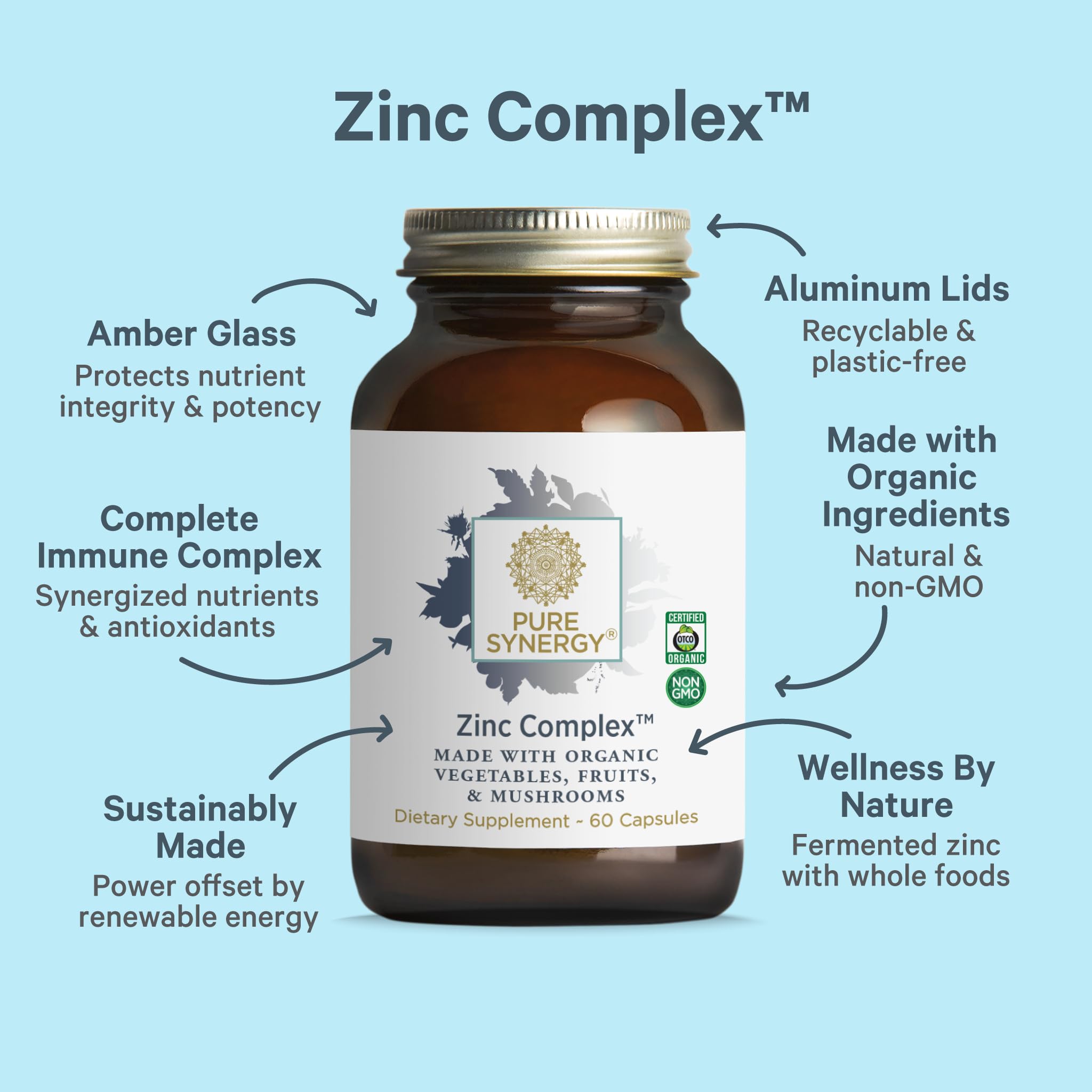 PURE SYNERGY Zinc Complex label detail emphasizes organic vitamin C and vegan ingredients.