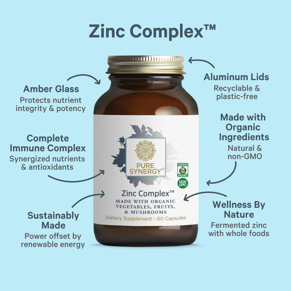 PURE SYNERGY Zinc Complex label detail emphasizes organic vitamin C and vegan ingredients.