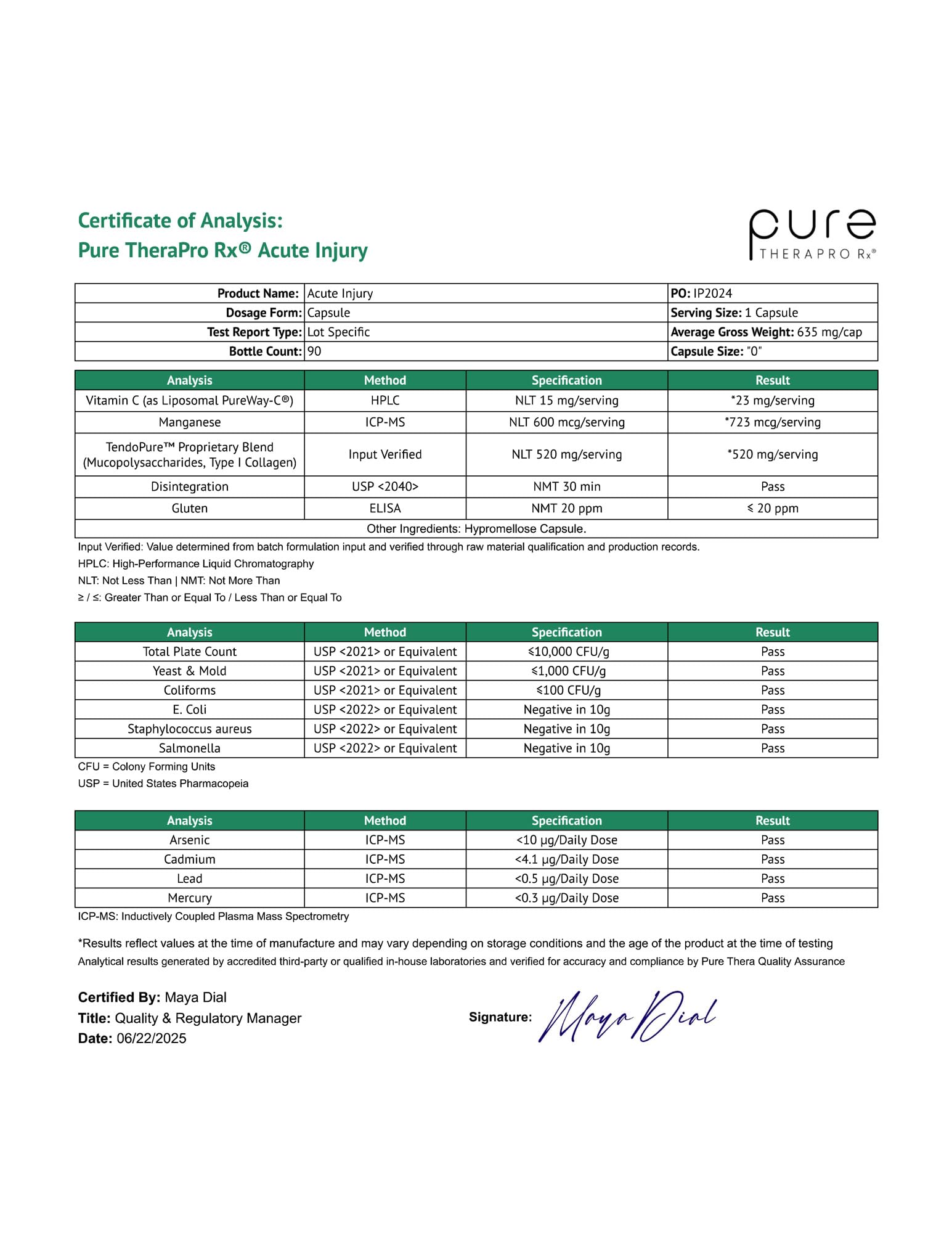 Pure Therapro Rx Acute Injury close-up label showing non-GMO and allergen-friendly formulation