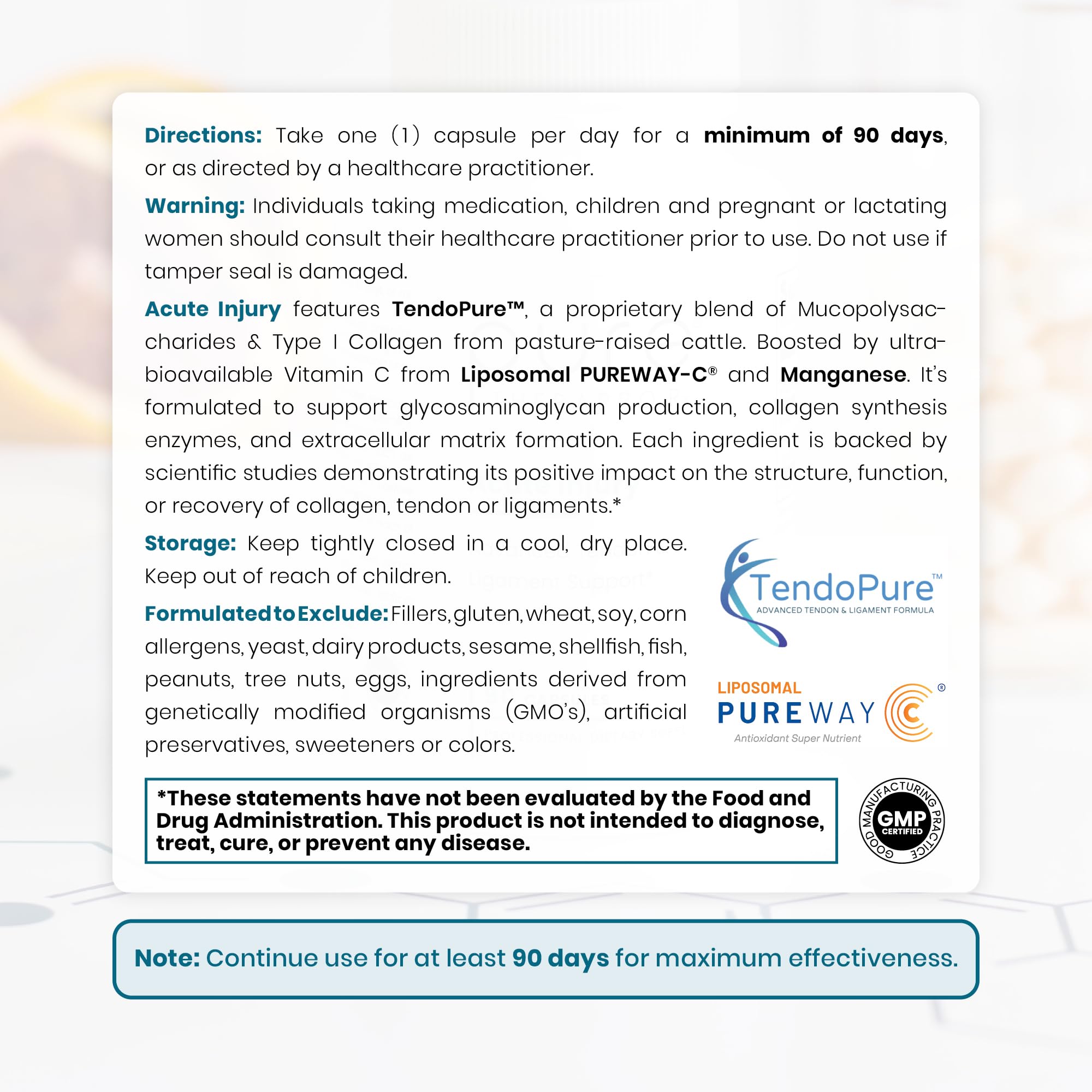 Pure Therapro Rx Acute Injury label close-up highlighting ingredients for tendon care