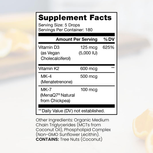Dropper dispensing vegan D3 + K2 liquid for easy daily dosing