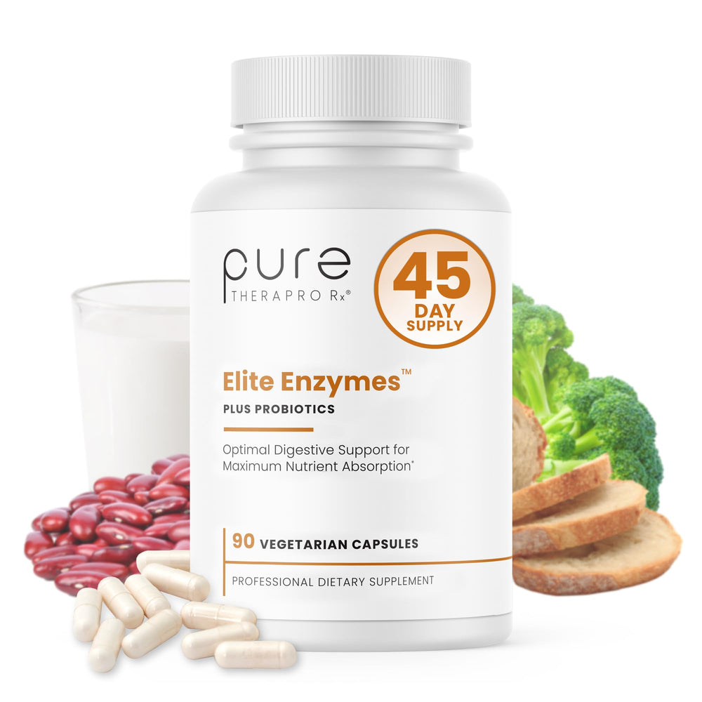 Pure Therapro Rx Elite Enzymes bottle front with 90 vegan capsules for digestive support