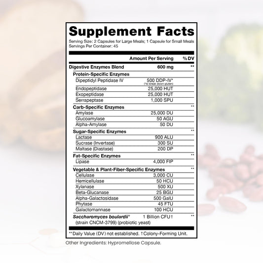 Pure Therapro Rx Elite Enzymes capsules pour showing enzyme blend for meal comfort