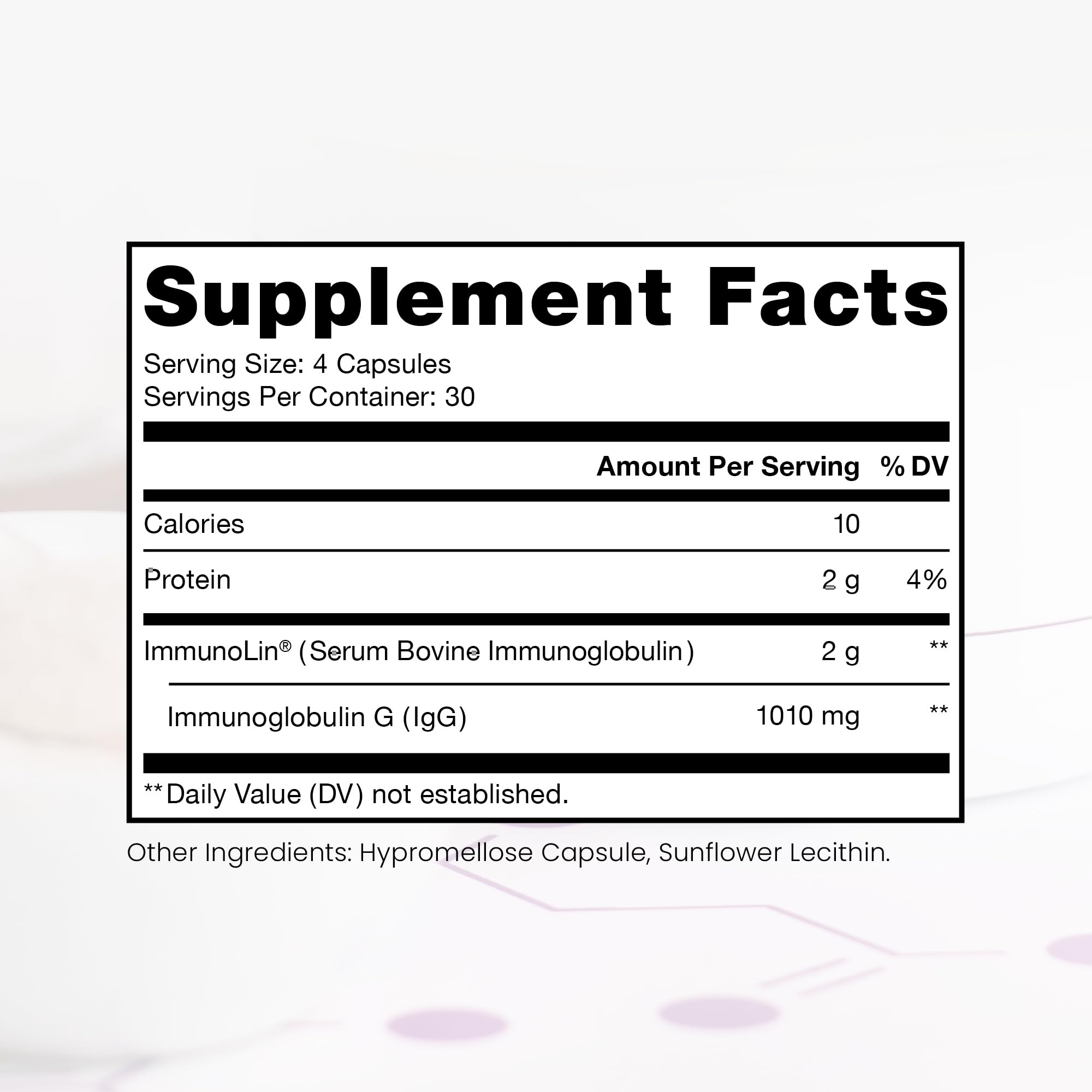 Elite IgG label highlighting high IgG per serving for immune support.