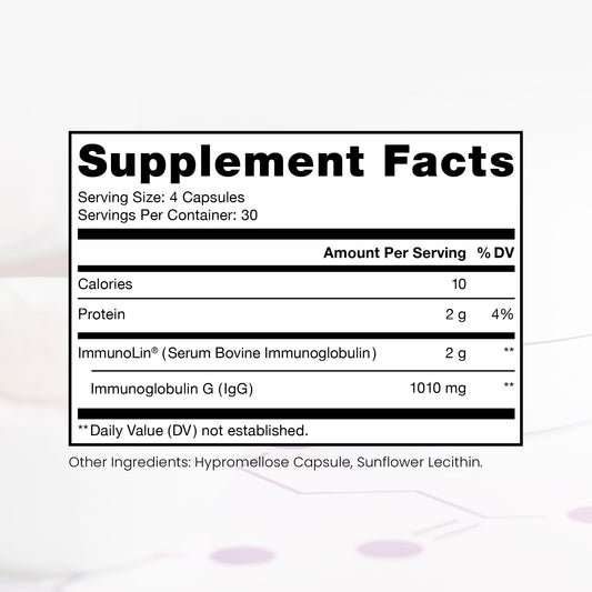 Elite IgG label highlighting high IgG per serving for immune support.