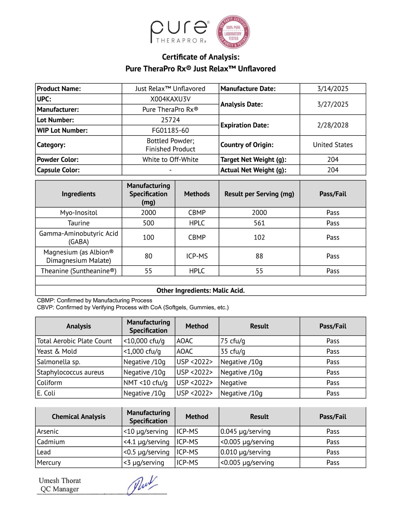 Just Relax ingredients panel featuring Myo-inositol, Magnesium, GABA and L-Theanine.