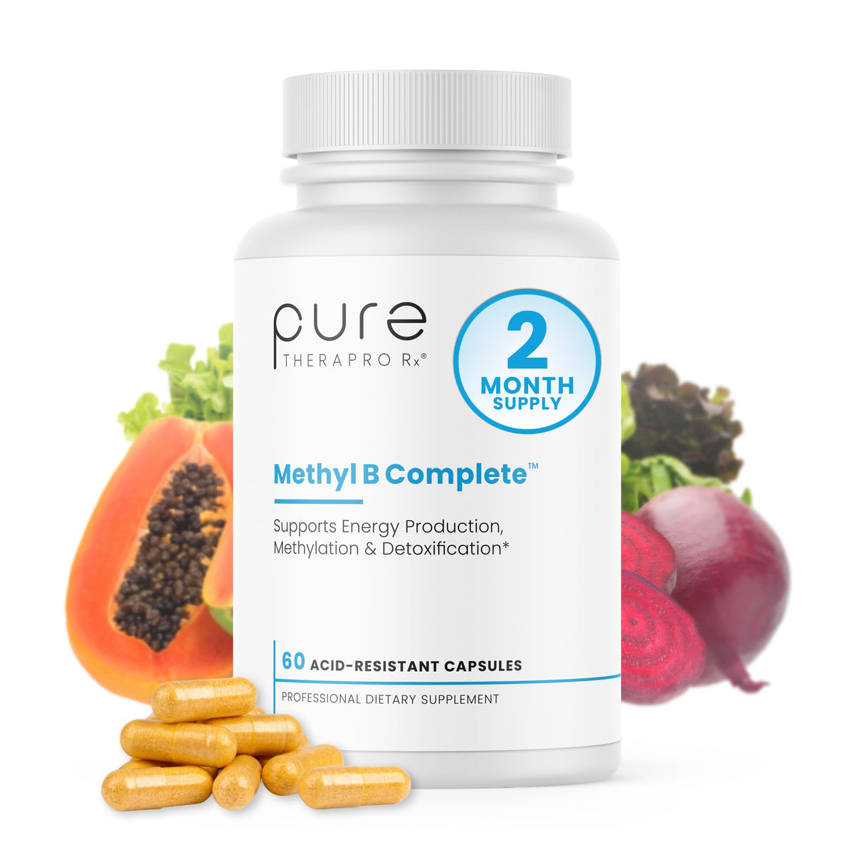 Pure Therapro Rx Methyl B Complete bottle front view highlighting 60 capsules.