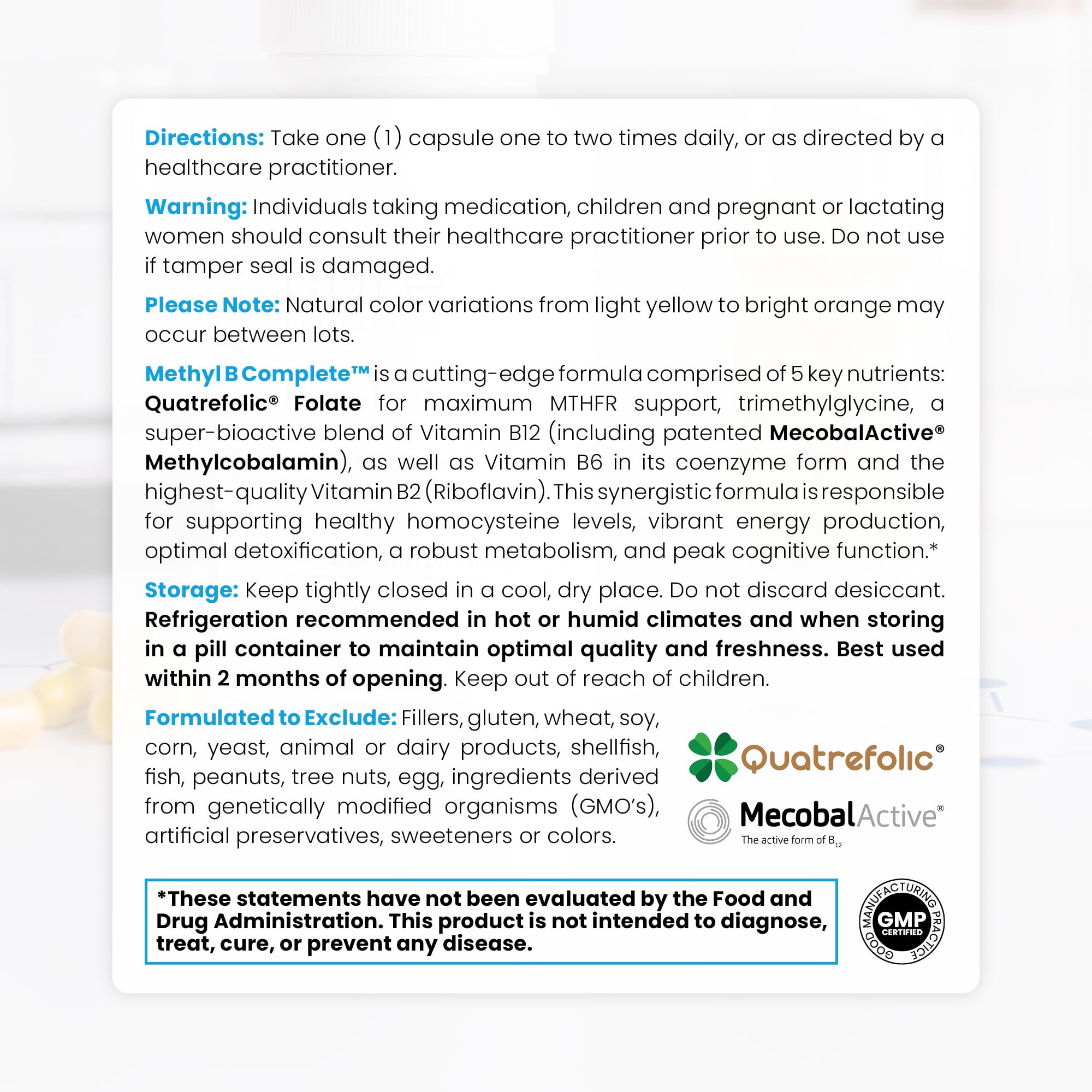 Pure Therapro Rx Methyl B Complete label highlights bioactive folate and B vitamins.