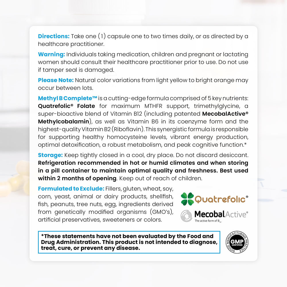 Pure Therapro Rx Methyl B Complete label highlights bioactive folate and B vitamins.