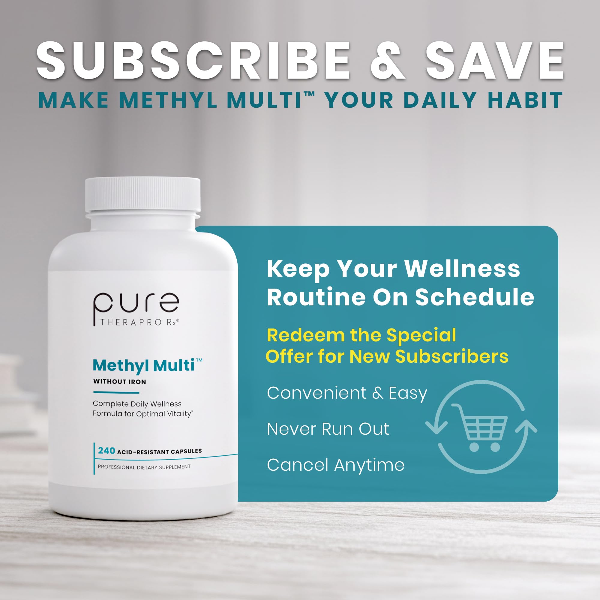Close-up of Pure Therapro Rx Methyl Multi capsules promoting methylation support.