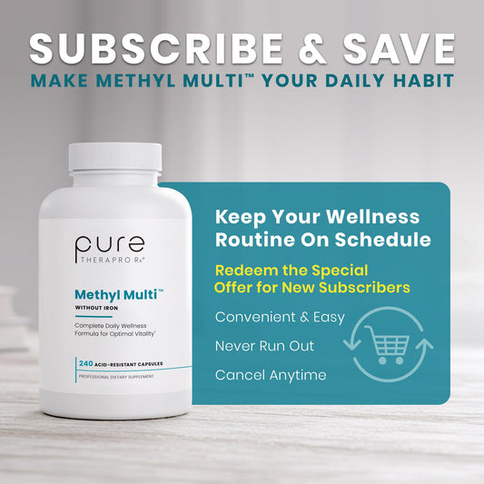 Close-up of Pure Therapro Rx Methyl Multi capsules promoting methylation support.
