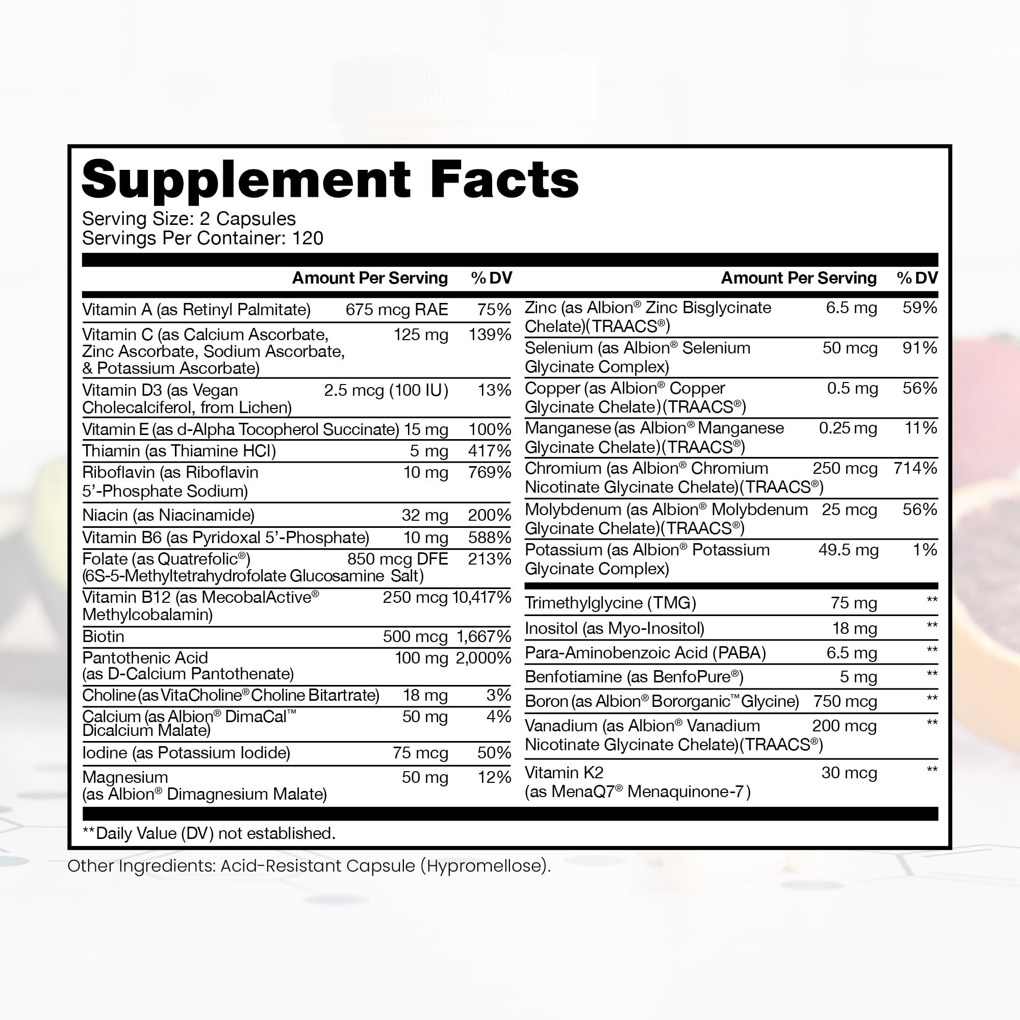 Label detail shows 5-MTHF folate and methyl B12 forms for absorption.