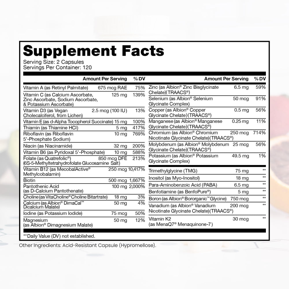 Label detail shows 5-MTHF folate and methyl B12 forms for absorption.