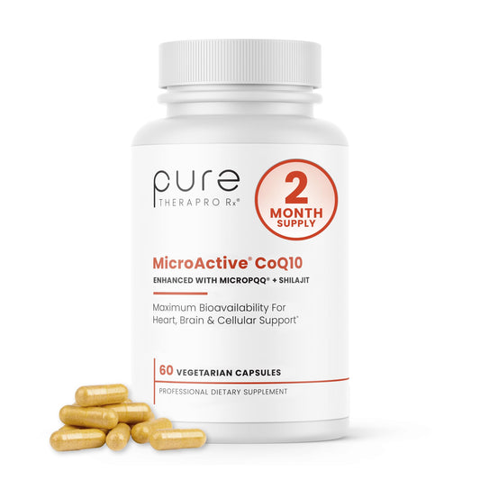 Pure Therapro Rx MicroActive CoQ10 capsules on white background for enhanced absorption