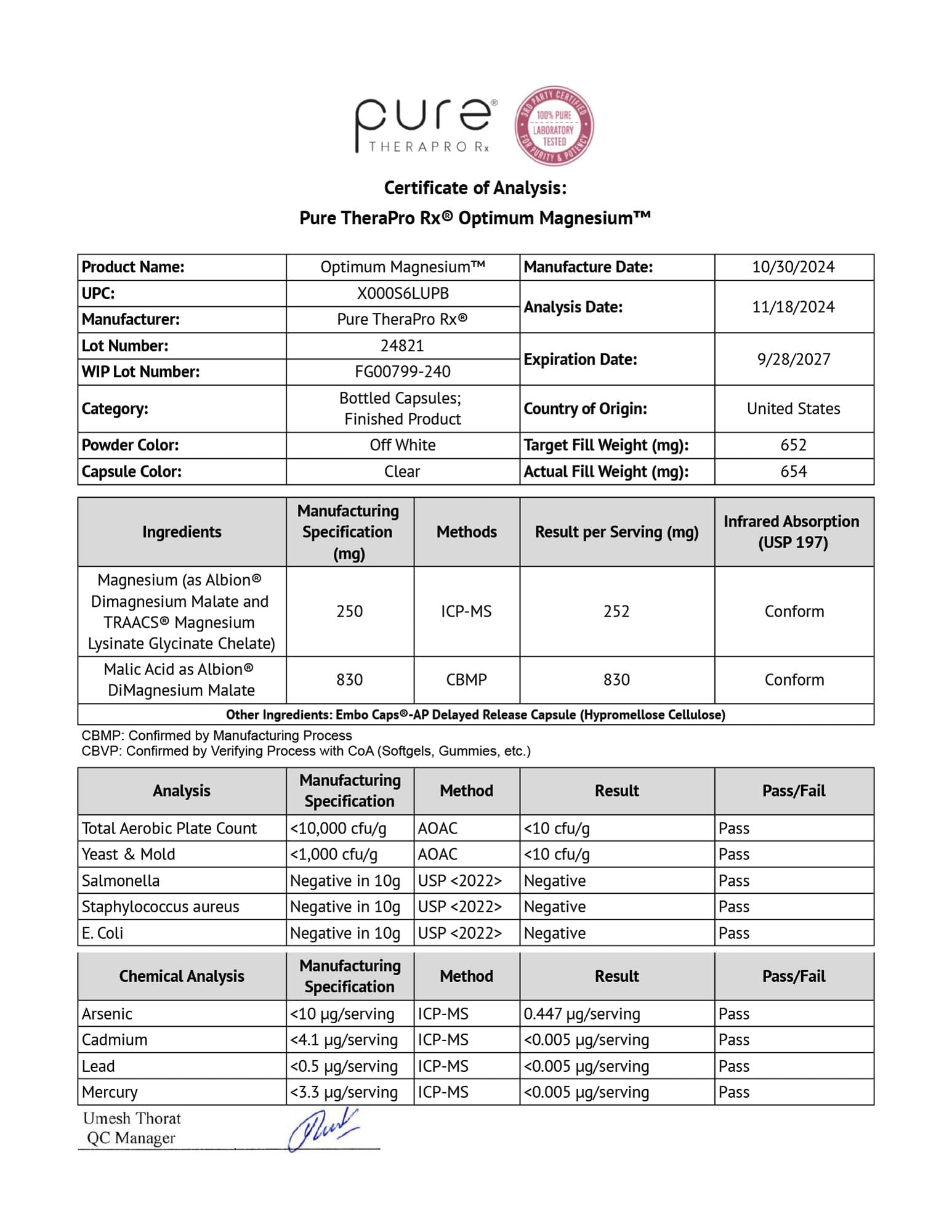 Pure TheraPro Rx Optimum Magnesium packaging view emphasizing premium manufacturing