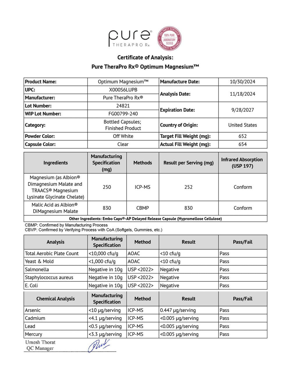 Pure TheraPro Rx Optimum Magnesium packaging view emphasizing premium manufacturing