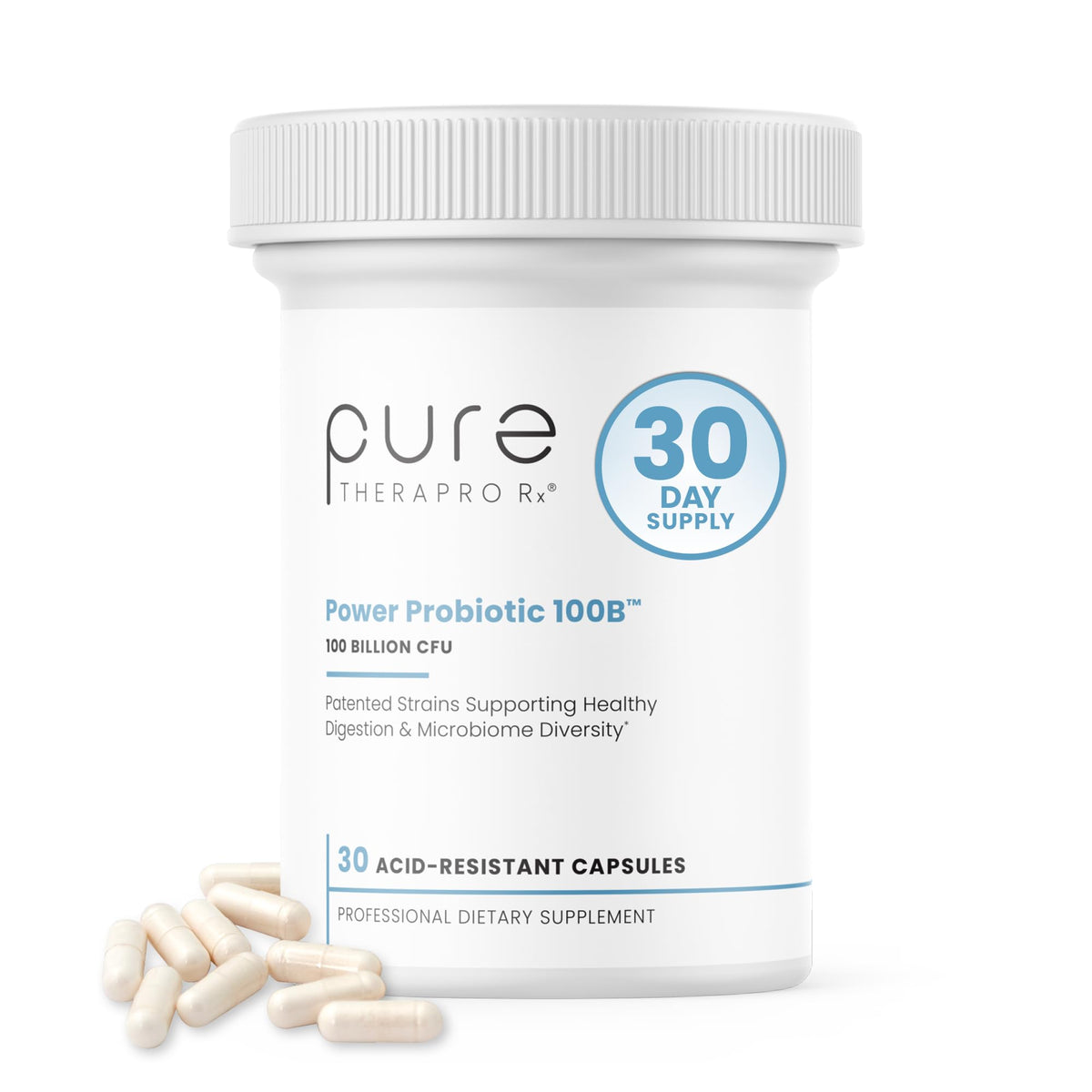 Pure Therapro Rx Power Probiotic 100B bottle with acid-resistant capsules for daily gut support