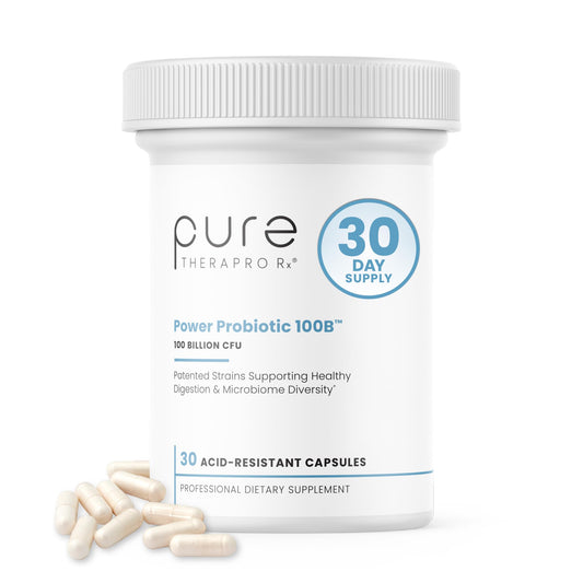 Pure Therapro Rx Power Probiotic 100B bottle with acid-resistant capsules for daily gut support