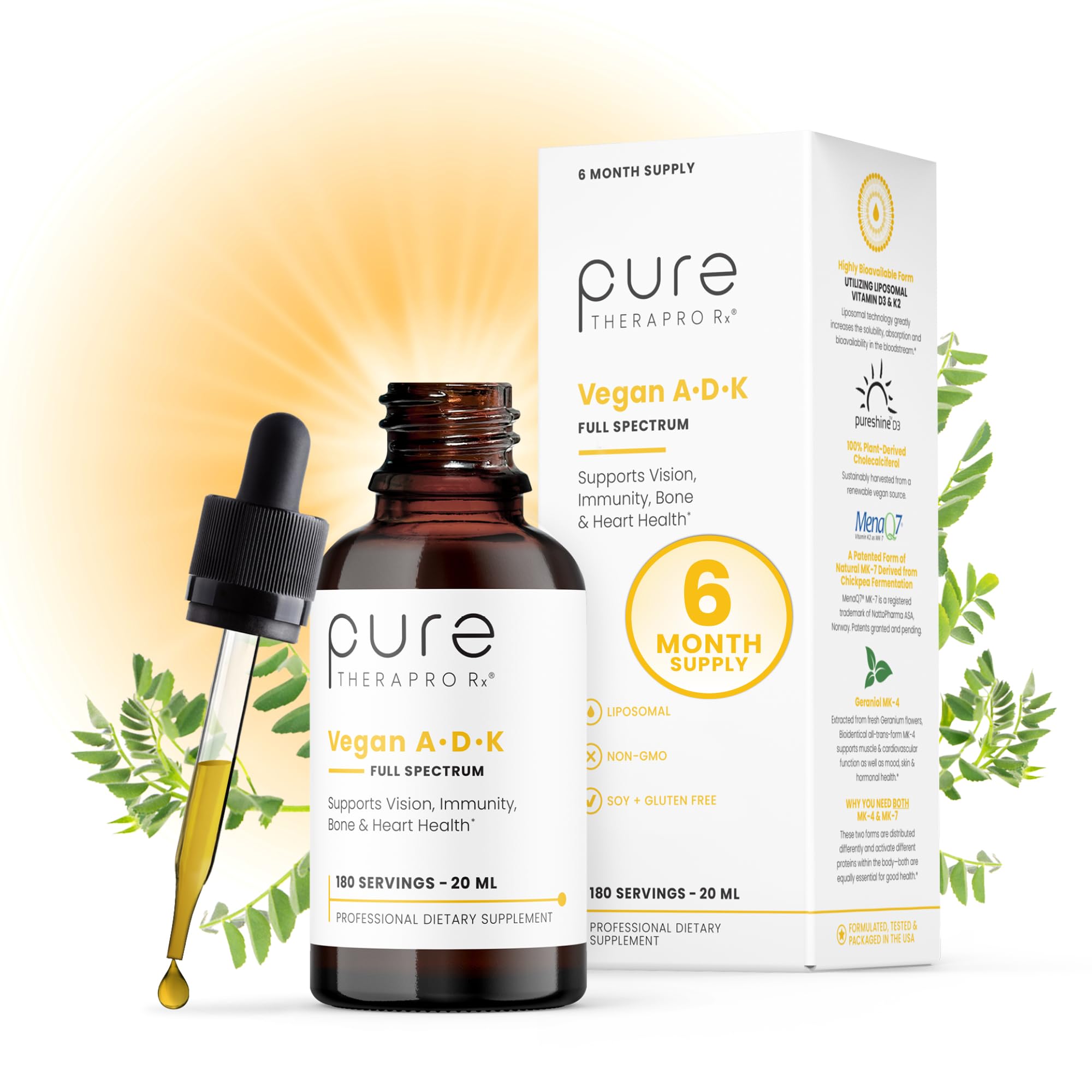 Pure TheraPro Rx Vegan A-D-K Drops bottle pour showing liposomal delivery