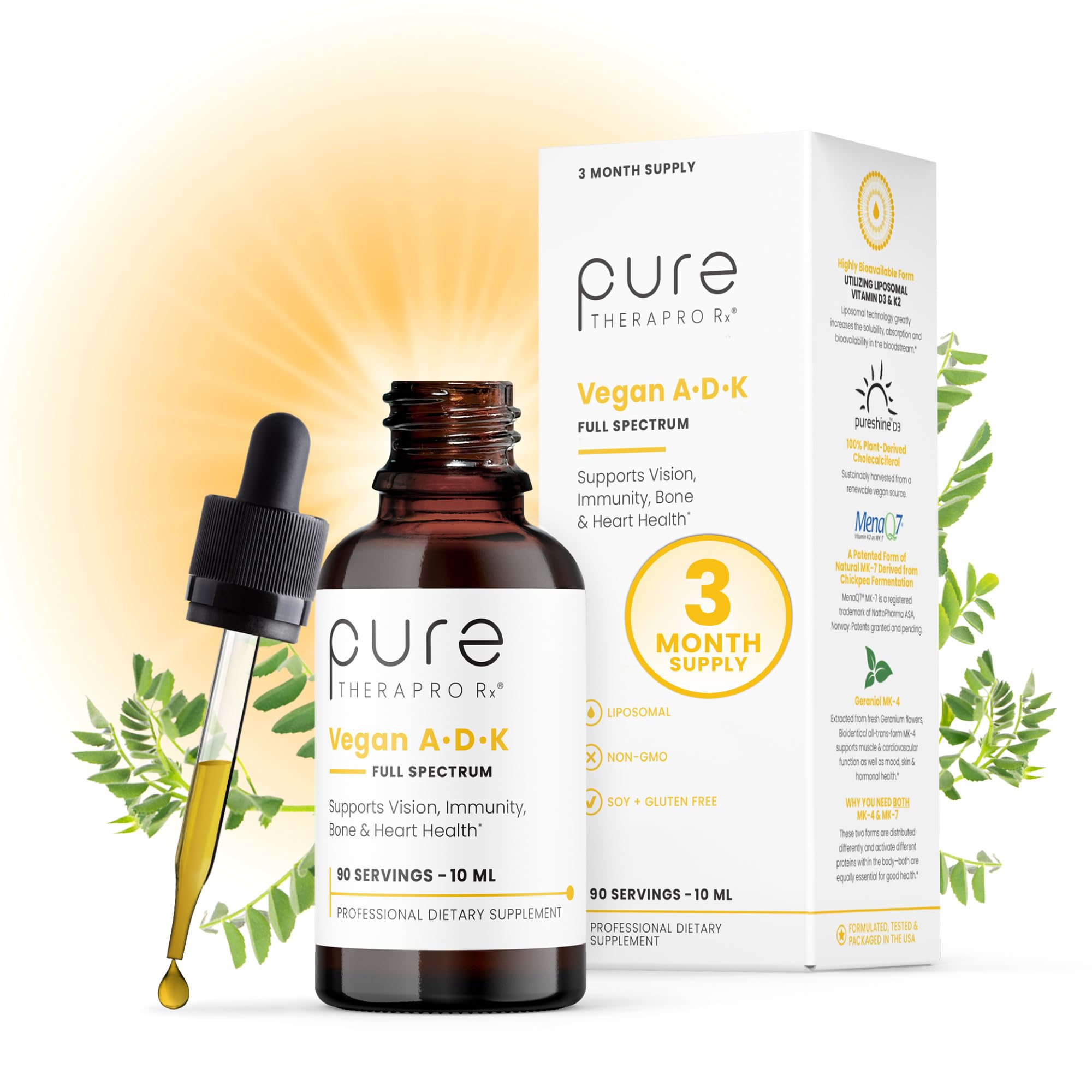 Pure Therapro Rx Vegan A-D-K Drops bottle highlights liposomal formula for potentially better absorption.