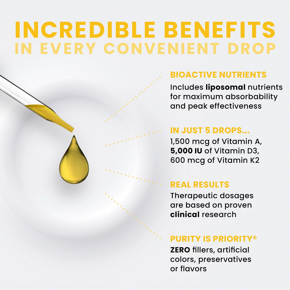Glass bottle of Pure Therapro Rx vegan A-D-K Drops suggests allergen-free daily use.