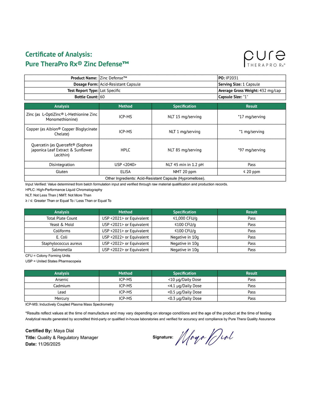 Pure Therapro Rx Zinc Defense GMP facility seal indicating quality manufacturing