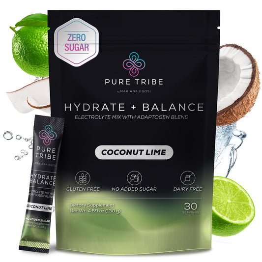 PURE TRIBE coconut lime electrolyte packets for quick on the go hydration.