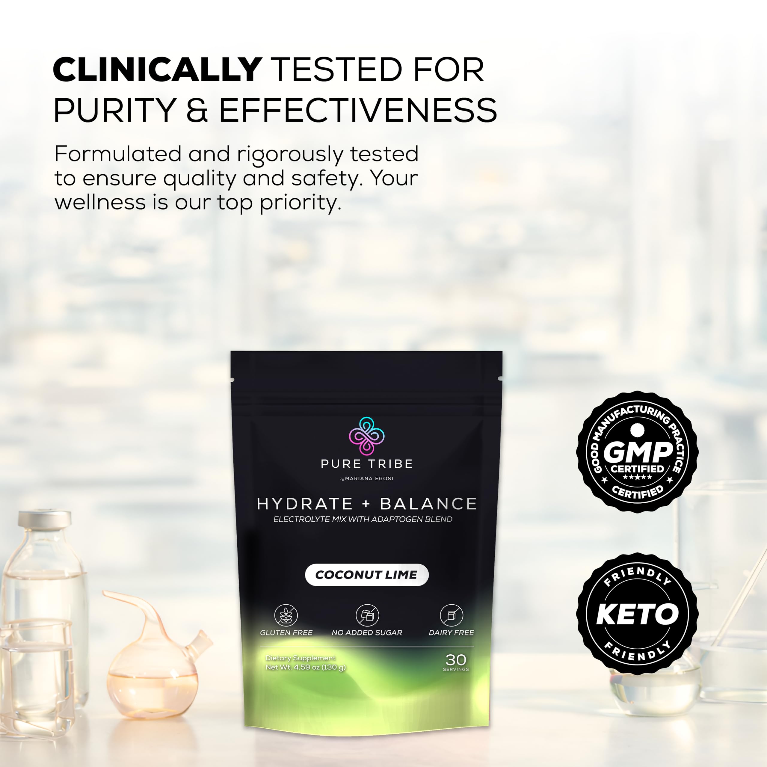 PURE TRIBE easy dissolve packets ready to mix in a bottle.
