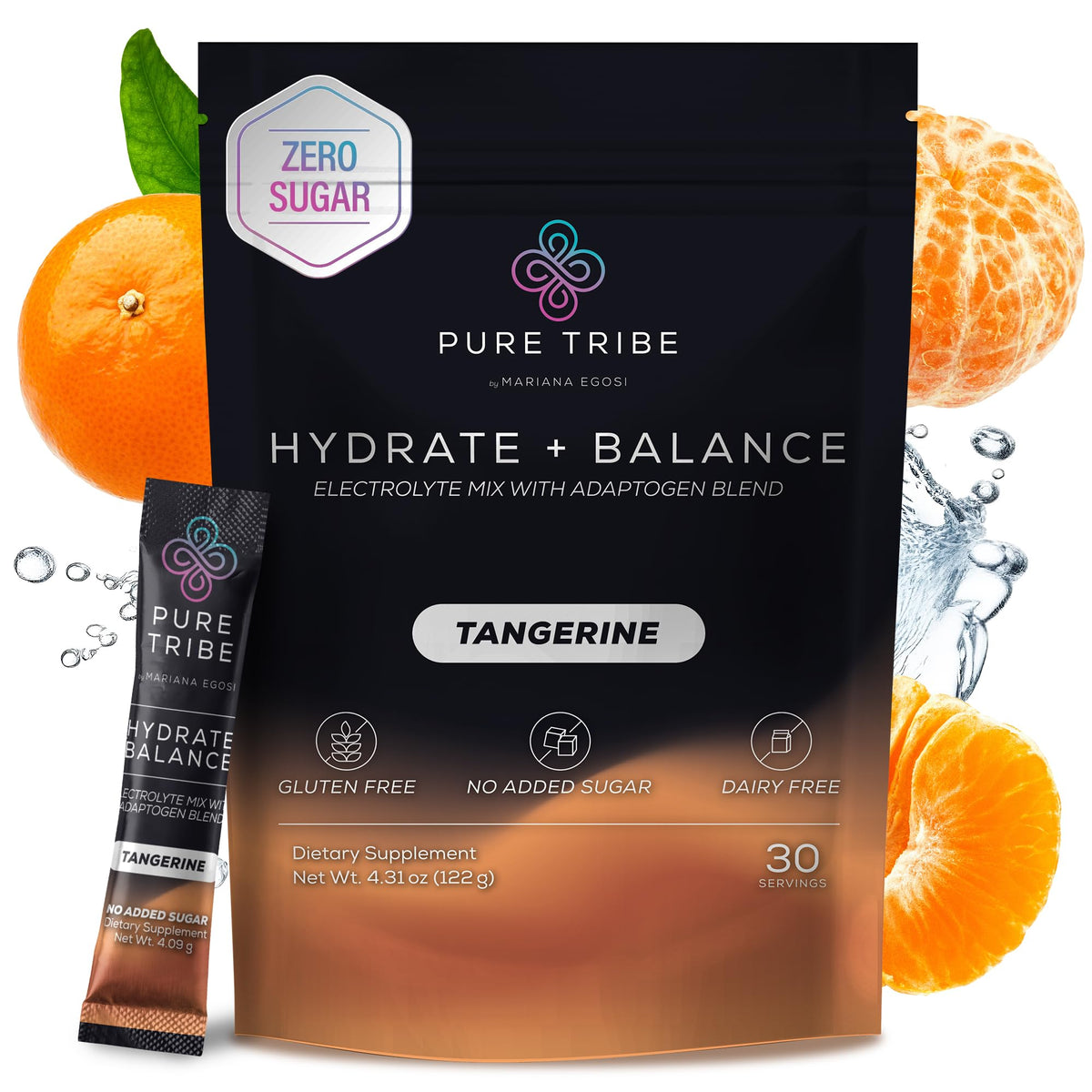 PURE TRIBE instant hydration packet dissolving in water for quick refreshment.