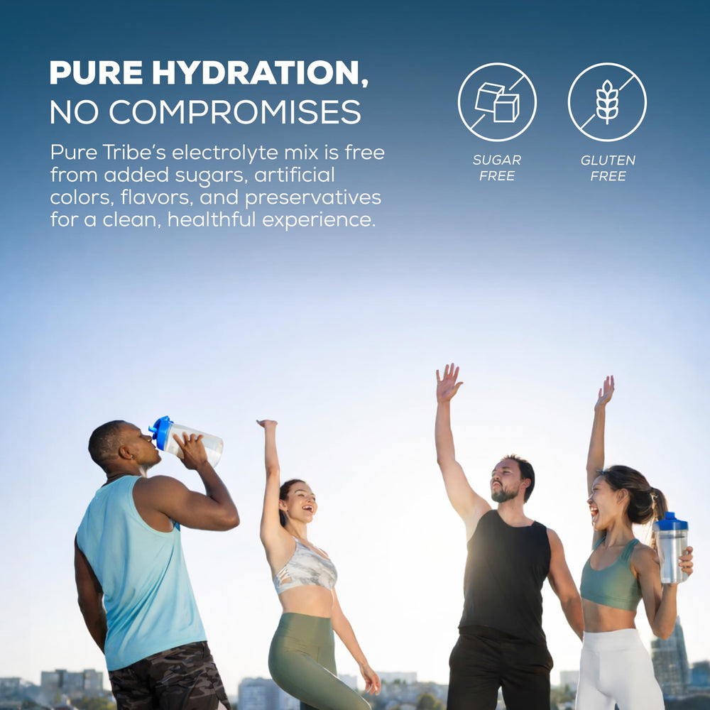 PURE TRIBE On-the-go hydration in a bottle with electrolyte mix.
