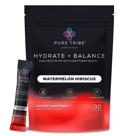 PURE TRIBE Watermelon Hibiscus powder packet ready to mix for quick hydration.