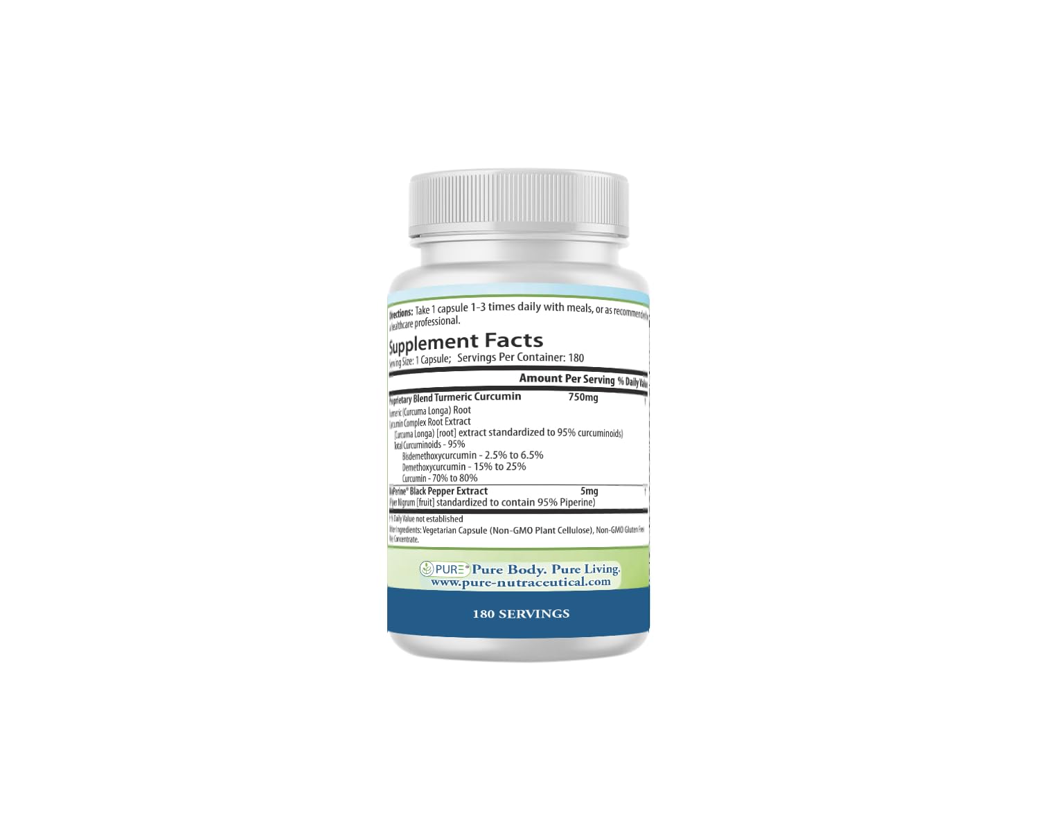 PURE Turmeric Curcumin with BioPerine capsules highlighting enhanced absorption potential.